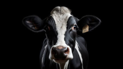 Close-up of black white cow isolated on black background.