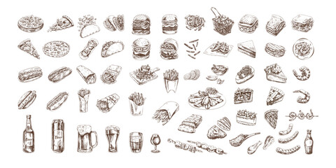 Hand-drawn sketch of street food, takeaway food, fast food, junk food and drinks. Burgers, potato french fries, chips, pizza, hot dogs, burritos, tacos, beer, bbq, meat, pies set. Great for menu. © Mariia Mazaeva