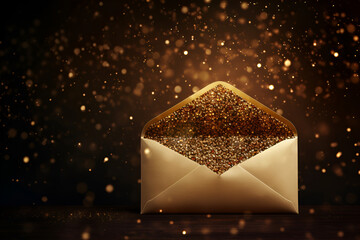 party, decoration and holidays concept - golden glitters and envelope on black background generative AI
