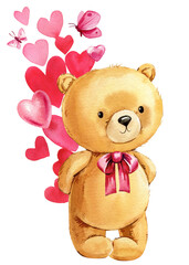 Teddy bear and heart watercolor on isolated white background, art poster, cute bear hand drawn. Toy Valentine's day