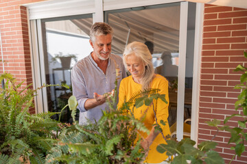 Smiling couple doing gardening in back yard