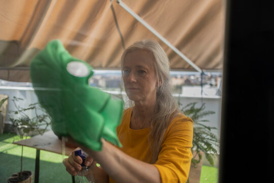 Woman cleaning house window with rag