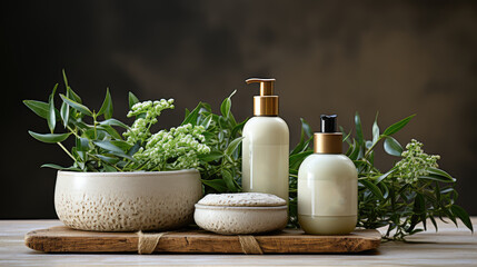 Mock up cosmetic products for skin and hair care with plant extract. Natural cosmetics.