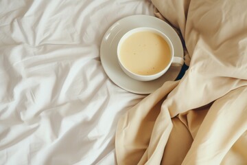 a cup of coffee on bed with white cloth, generated by AI.