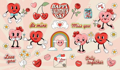 A set of elements for Valentines Day. Hearts characters in retro style 60x, 70x