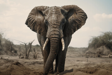 The Majestic Elephant Gracefully Standing in the Vast Serenity of a Dusty Field Created With Generative AI Technology