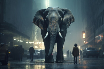 An Majestic Elephant Strolling Through a Vibrant City Street at Night Created With Generative AI Technology