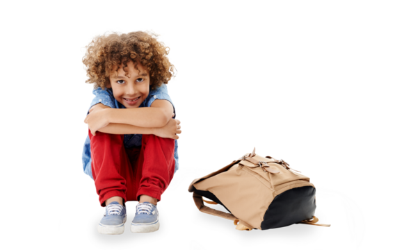 Happy, education and portrait of child with bag on isolated, png and transparent background. Back to school, excited and young boy sitting on floor with backpack for learning, class and development