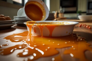 A honey or syrup or soup in orange color spilled on ground floor from a bowl in a kitchen,...
