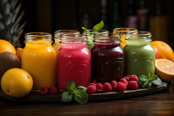 Colorful fresh juices or smoothies on a wooden desk with various ingredients around.