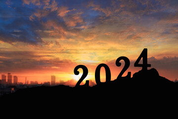 Concept happy new year,With number 2024 silhouette .On sky and sunrise backgrounds
