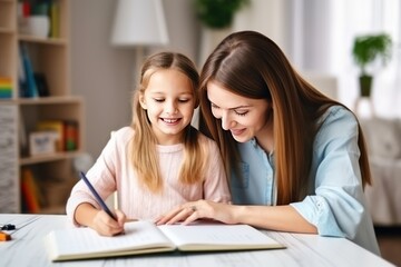 Mom in cozy modern apartment helps daughter with lessons. Mom helps daughter do homework sitting at table writing in notebook right answer. Girl asks mother to help with homework