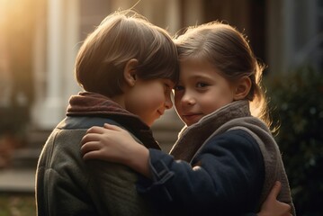Fototapeta premium Two siblings look at each other. Happy sister and brother embracing moment. Generate ai