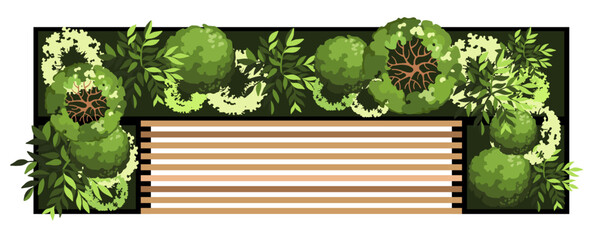 Top view of a bench for the architectural landscape plans. Bench with trees and greens. Entourage design. Vector.
