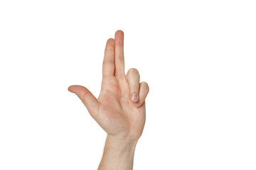 male hand making shooting gun gesture on white background.