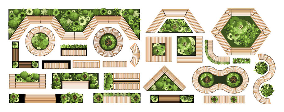 Top view of furniture for the architectural landscape plans. Benches with trees and greens. Entourage design. Various outdoor furniture. Vector illustration.