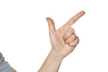 male hand pointing to the right with the index finger on white background
