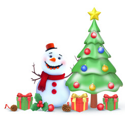 3D Rendering Christmas Tree With Snowman And Christmas Elements Isolated On Transparent Background, PNG File Add