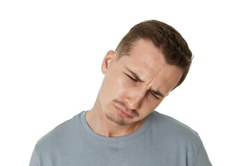 Obraz premium Portrait of frustrated young man on white background. sadness