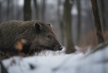 Naklejka premium Winter forest boar. Small and strong gray animal challenging weather. Generate AI
