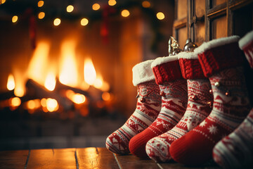 Feet in woollen socks by the Christmas fireplace. Close up on feet. Winter and Christmas holidays concept.  - obrazy, fototapety, plakaty