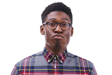 Black man, young and funny face in portrait for pout with glasses for nerd, goofy and quirky style....