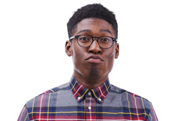 Black man, young and funny face in portrait for pout with glasses for nerd, goofy and quirky style. Male student, silly and expression on isolated or transparent png background for casual fashion