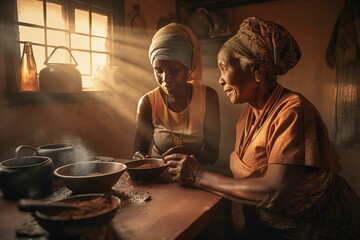 Young and old African women in kitchen. Mother and daughter cooking together. Generate ai
