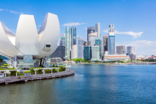 Singapore, Singapore City, ArtScience Museum with skyline skyscrapers in background