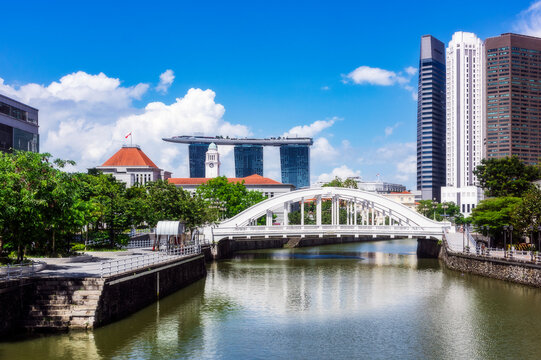 Singapore, Singapore City, Elgin Bridge with Marina Bay Sands in background