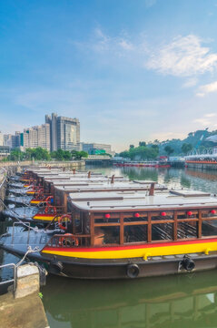 Singapore, Singapore City, Row of boats moored in Clarke Quay
