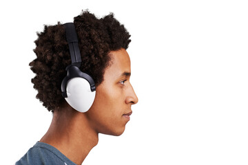 Profile, man and face with headphones for music, audio subscription and streaming podcast isolated...