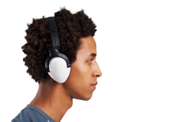 Profile, man and face with headphones for music, audio subscription and streaming podcast isolated on transparent png background. African model, thinking and listening to multimedia, sound and radio