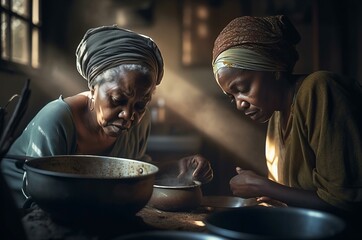 Young and senior African women cooking in kitchen. Family female moment preparing culinary dishes. Generate ai - obrazy, fototapety, plakaty