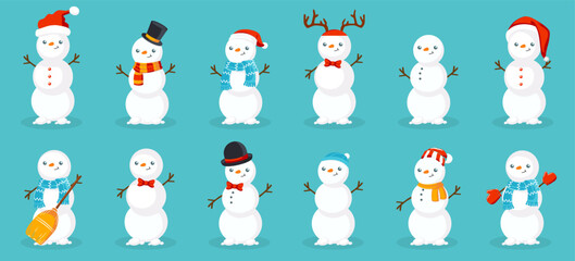 Cartoon Christmas snowman character collection on a blue background. Christmas snowman with shadow in a flat design. Snowman icons. Happy holiday snowman