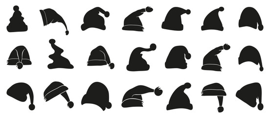 Santa hat icons in black. Santa Claus cap icons. Christmas Santa hat collection. Cartoon hats icon. Santa hat for New Year