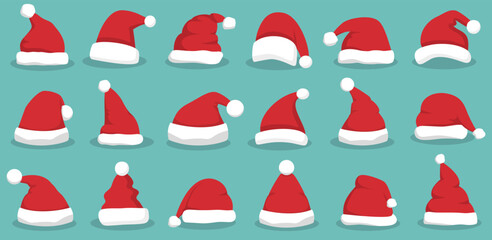 Santa hat with shadow in a flat design. Santa Claus cap icons. Christmas Santa hat collection. Cartoon red hats icon. Santa hat for New Year