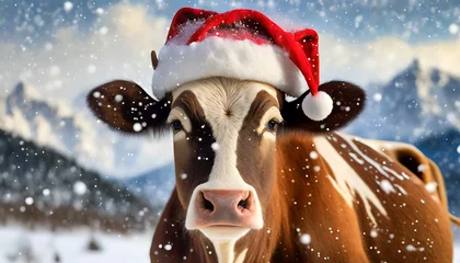 Gordijnen Close-up of a brown and white cow (heifer) dressed as Santa Claus, in a mountain landscape in winter while it is snowing. Christmas and New Year holidays concept. © Alberto Masnovo
