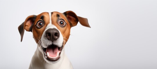surprised funny dog with open mouth on white background.