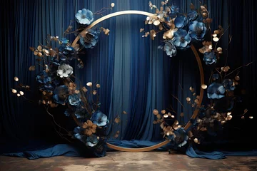 Poster Maternity backdrop, wedding backdrop, photography background, maternity props, Light hoop weaved indigo and copper flowers, elegant wall background, flowing satin drape, backdrop, giant flowers © Reha