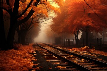 Naklejka na ściany i meble Empty railway tracks with orange autumn trees background