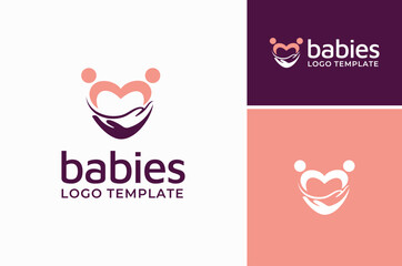 Human Arms Holding a Babies with Heart Love Shape for Newborn Child Family Affection Logo design