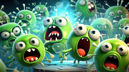 Green monster bacteria and viruses attack inside the body - obrazy, fototapety, plakaty