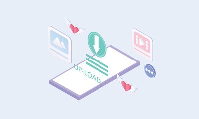 3d minimal mobile phone in hand with download data to cloud computing concept for file sharing and data transfer system. 3d download file to app mobile phone.on pastel background