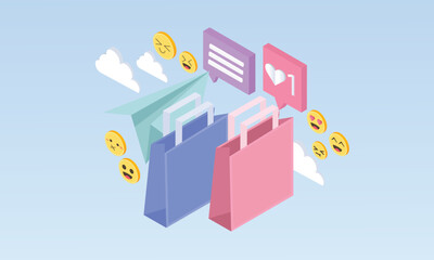 3d minimal Floating Shopping bags. Online shopping in social media and network. Digital marketing and promotion concept.on pastel background