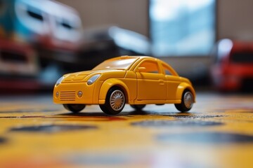 A close up picture of a tiny orange car toy on the parquet in room, generated by AI.