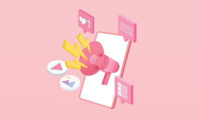 3d minimal megaphone speaker or loudspeaker bullhorn for announce promotion, megaphone loudhailer with 3d mobile and social media, speakerphone 3d vector render.on pastel background