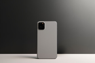A silver smartphone rear side on a white surface with black background, generated by AI. - Powered by Adobe