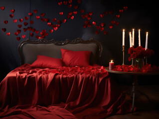 AI generation. Romantic Valentines Day background with bed with red linens, rose