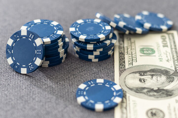 Poker chips close up background. Casino concept, risk, chance, good luck or gambling. Detail of casino chips in the box